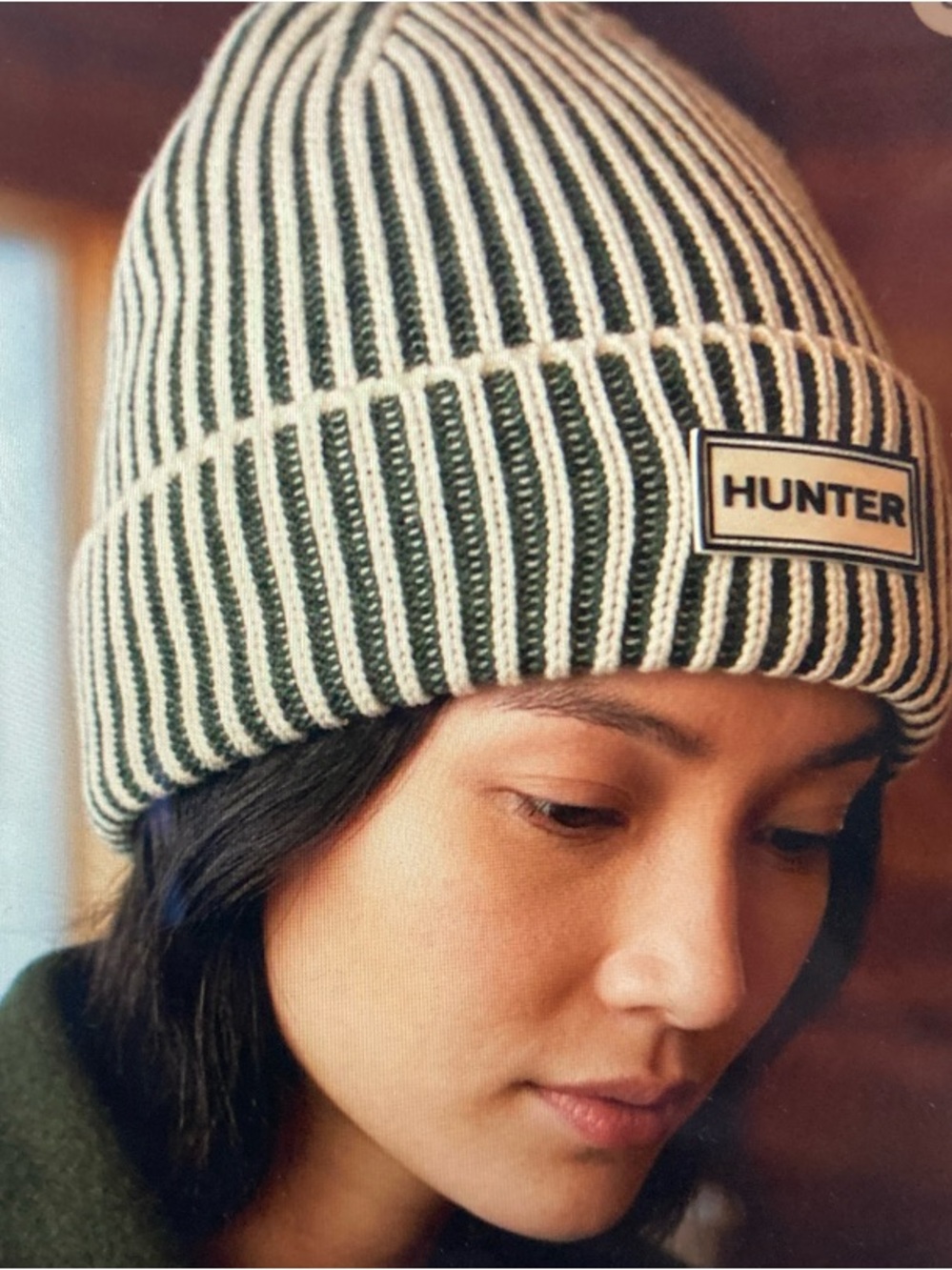 Hunter Fisherman Unisex Striped Ribbed Beanie Cream Dark Green